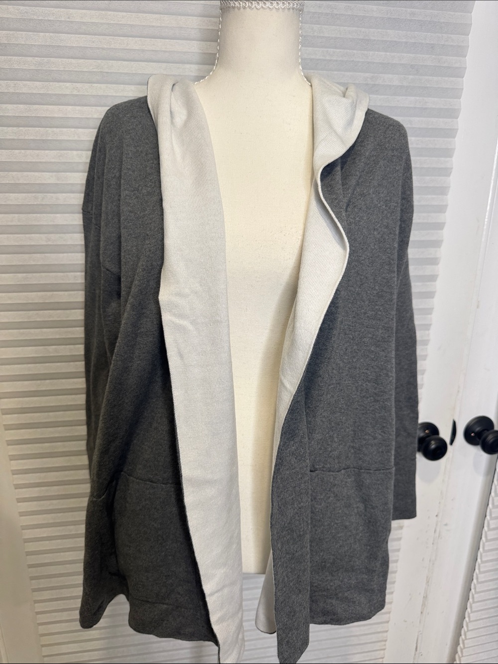 Eileen Fisher Hooded Open-Front Coatigan in Gray & white RG
